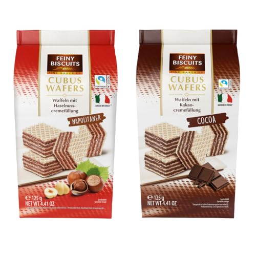 Feiny Biscuits Cubus Wafers Cocoa Waffeln Mit Kakaocremfüllung Und Napolitaner Waffeln Mit Haselnusscremefüllung 2 x 125g von Feiny Biscuits