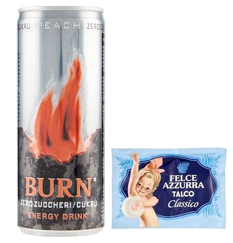 24er-Pack Burn Energy Drink Peach,Erfrischender alkoholfreier Energiegetränk mit Pfirsich Geschmack Ohne Zucker,250ml Einwegdose + 1er-Pack Kostenlos Felce Azzurra Talkumpuder, 100g-Beutel von Felce Azzurra