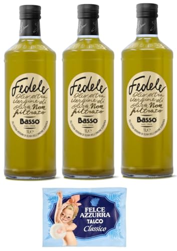 3er-Pack Basso Fedele Ungefiltertes Natives Olivenöl Extra,Olio Extra Vergine di Oliva Non Filtrato,1Lt Glasflaschen + 1er-Pack Kostenlos Felce Azzurra Talkumpuder, 100g-Beutel von Felce Azzurra