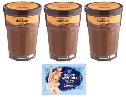 3er-Pack Nutkao Crema Cacao con Nocciole,Streichfähige Creme Kakao mit Haselnüssen,Italienische Creme, 330g-Glas + 1er-Pack Kostenlos Felce Azzurra Talkumpuder, 100g-Beutel von Felce Azzurra