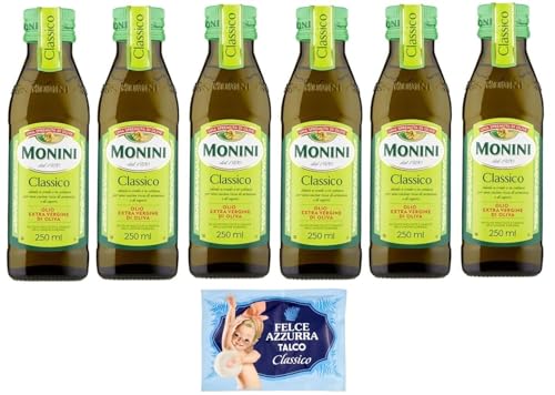 6er-Pack Monini CLASSICO Natives Olivenöl Extra,Olio Extra Vergine di Oliva,250ml Glasflaschen + 1er-Pack Kostenlos Felce Azzurra Talkumpuder, 100g-Beutel von Felce Azzurra