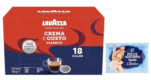 Lavazza Crema e Gusto Classico, Kaffeepads für Espressomaschinen, 108 Kaffeepads aus Papier,Intensität 8/10, dunkle Röstung + 1er-Pack Kostenlos Felce Azzurra Talkumpuder, 100g-Beutel von Felce Azzurra