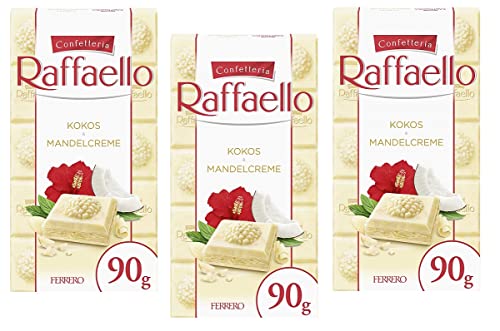 3x Ferrero Raffaello Crema di Mandorle e Cocco Gefüllte Weiße Schokolade mit Mandelcreme und Kokos 90g Riegel von Ferrero