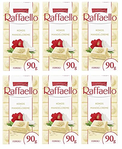 6x Ferrero Raffaello Crema di Mandorle e Cocco Gefüllte Weiße Schokolade mit Mandelcreme und Kokos 90g Riegel von Ferrero