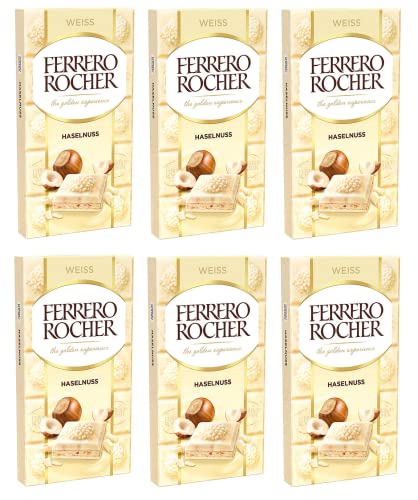 6x Ferrero Rocher Haselnuss Weißer Schokoriegel mit Haselnüssen 90g Gefüllte weiße Schokolade mit Haselnusscreme und Haselnuss-Stückchen von Ferrero