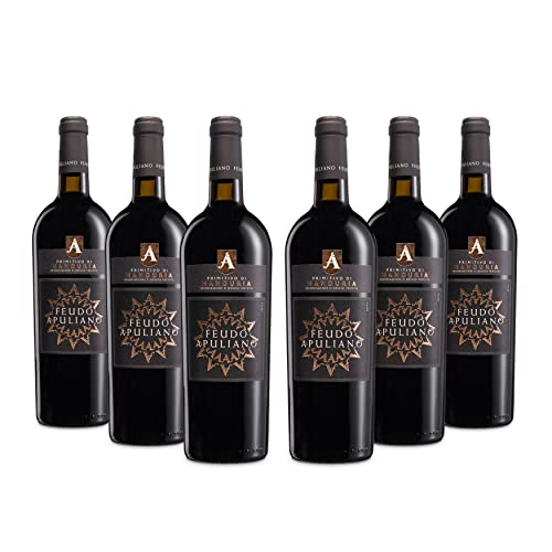 Feudo Apuliano Primitivo di Manduria DOP, Rotwein mit vollmundigem Geschmack, warm mit nachhaltigem und umhüllendem Abgang, mit Noten reifer Früchte, 14,5% Vol., Karton mit 6 Flaschen 750 ml von Feudo Apuliano