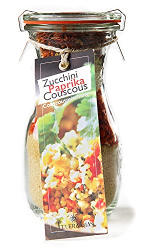 Gourmet Fertigmischung für Zucchini Paprika Couscous Mini ( 250 ml )– Raffinierte Rezeptideen im Glas für leckere Gerichte – Gourmet Gemüsecouscous einfach kochen oder verschenken – von Feuer & Glas von Feuer und Glas