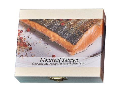 Montreal Salmon – 8 Gewürze Set für kanadischen Lachs (57g) – in einem schönen Holzkästchen – mit Rezept und Einkaufsliste – Geschenkidee für Feinschmecker von Feuer & Glas von Feuer und Glas