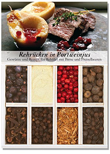 Rehrücken in Portweinjus – 8 Gewürze Set für das Rehfilet mit Birnen und Preiselbeeren(46g) – in einem schönen Holzkästchen – mit Rezept und Einkaufsliste – Geschenkidee für Feinschmecker von Feuer & Glas von Feuer und Glas