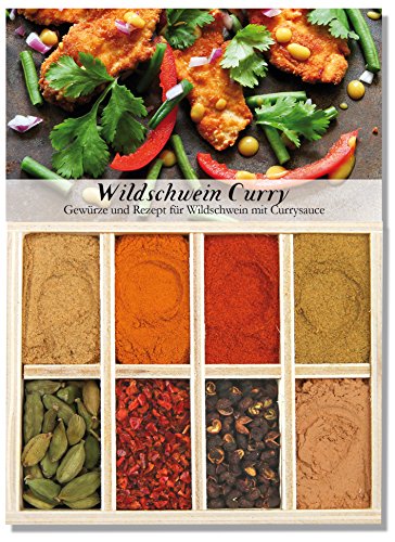 Wildschweincurry – 8 Gewürze für Wildschwein mit Currysauce (46g) – in einem schönen Holzkästchen – mit Rezept und Einkaufsliste – Geschenkidee für Männer und Feinschmecker – von Feuer & Glas von Feuer und Glas