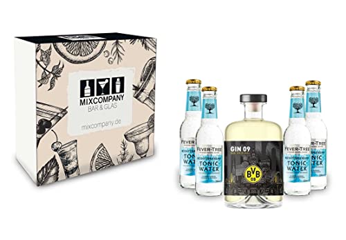 BVB Gin Geschenkset - Gin 09 Das Original 0,5l 500ml (43% Vol) + 4x Fever-Tree Mediterranean Tonic Water 0,2 MEHRWEG inkl. Pfand Gin Tonic Bar- [Enthält Sulfite] von Fever-Tree-Fever-Tree