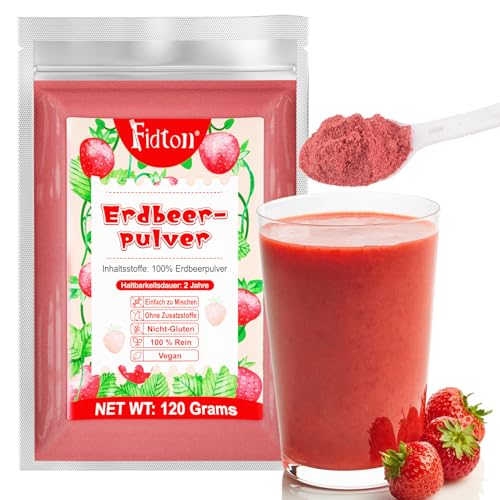 Erdbeerpulver 120g - 100% Natürliche Erdbeeren Gefriergetrocknet, Ohne Zusatzstoffe Einfaches Mischen Nahrhaftes, Gefriergetrocknete Erdbeeren für Eiscreme, Kuchen, Smoothie, Getränke, Flavour Pulver von Fidton