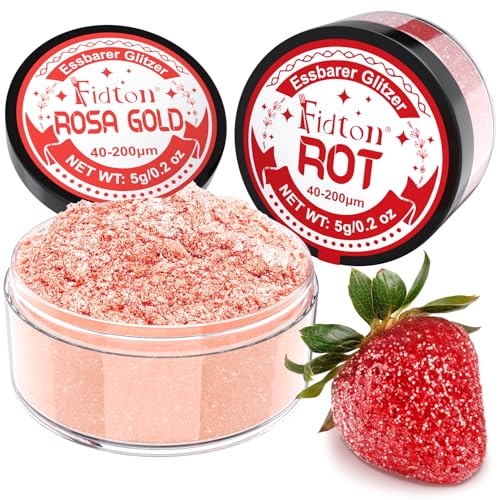 Essbarer Glitzer für Getränke - Fidton 2 Farben Lebensmittelfarbe Pulver Set, Glitzer Essbar für Torten, Fondant, Donut, Edible Glitter für Getränke, Cocktail, Essbares Glitzer Rosa Gold und Rot - 5 g von Fidton