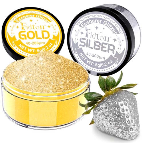 Essbarer Glitzer für Getränke - Fidton 2 Farben Lebensmittelfarbe Pulver Set, Glitzer Essbar für Torten, Fondant Gold, Donut, Edible Glitter für Getränke, Cocktail, Essbares Gold und Silber - 5 g von Fidton