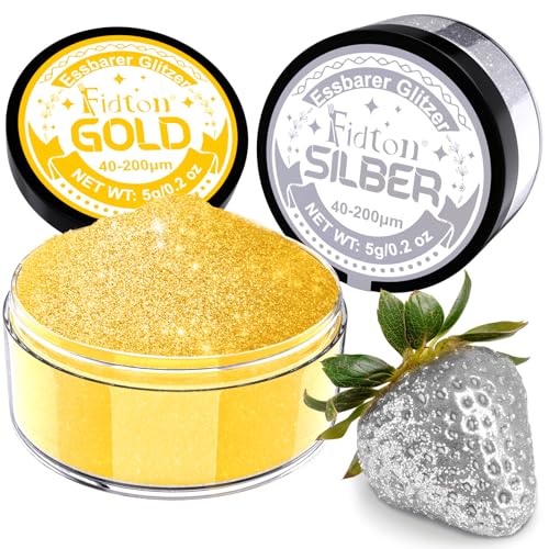 Essbarer Glitzer für Getränke - Fidton 2 Farben Lebensmittelfarbe Pulver Set, Glitzer Essbar für Torten, Fondant Gold, Donut, Edible Glitter für Getränke, Cocktail, Essbares Gold und Silber - 5 g von Fidton