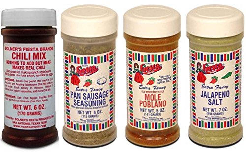 Bolner's Fiesta Traditional Southwest Seasonings Variety Bundle: (1) Chili Mix, (1) Pan Sausage Seasoning, (1) Mole Poblano, and (1) Jalapeno Salt von Fiesta