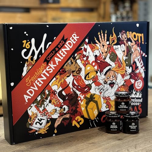 Chili- und BBQ-Adventskalender mit 24 Produkten | von mild bis höllisch | Geschenk für Advent und Weihnachten | Geschenk für Männer | Version mit Türchen | 943g Füllgewicht von Fireland Foods