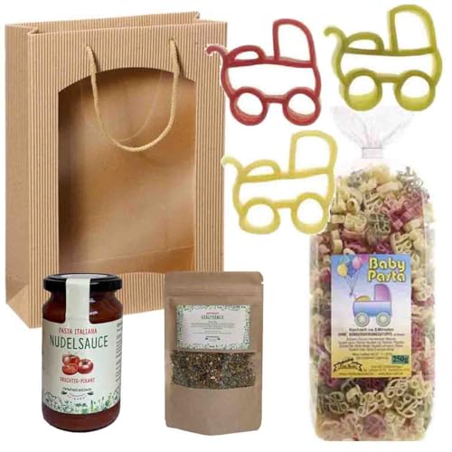 Feinkost-Set * BABY * mit Nudeln in Form von Kinderwagen, Sauce, Gewürze // Geschenkset für junge Eltern // Baby Geschenk von Firlefantastisch Der Partyshop