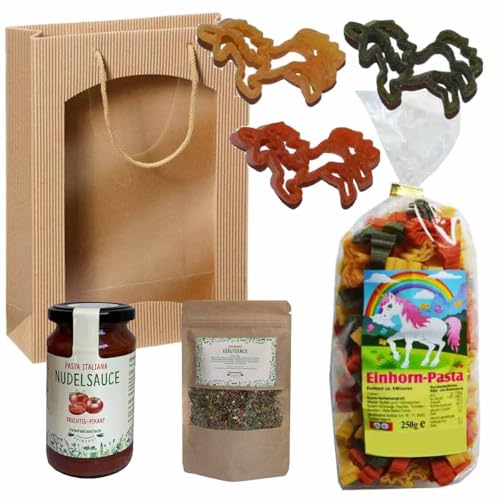 Feinkost-Set * EINHORN * mit Nudeln in Form von Einhörnern, Sauce, Gewürze // Geschenkset für Fantasie-Freunde von Firlefantastisch Der Partyshop