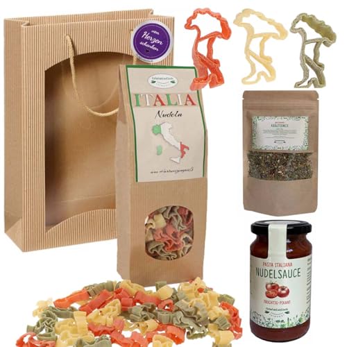 Feinkost-Set Italien mit der Pasta ITalia in den Umrissen Italiens, Sauce, Gewürze/Italien Geschenkset von Firlefantastisch Der Partyshop