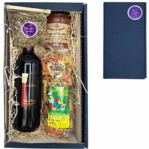 Geschenkset Schmetterlinge mit Wein, Nudeln, Sauce und Kräutermix // Feinkostgeschenk Schmetterlinge von Firlefantastisch Der Partyshop