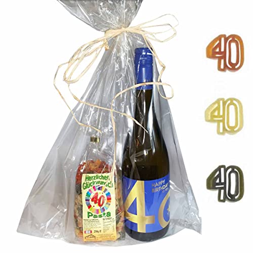 Präsent-Tüte 40. Geburtstag mit Wein und Nudeln // 40. Geburtstag Feinkostgeschenk von Firlefantastisch Der Partyshop