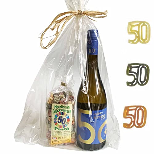 Präsent-Tüte 50. Geburtstag mit Wein und Nudeln // 50. Geburtstag Feinkostgeschenk von Firlefantastisch Der Partyshop