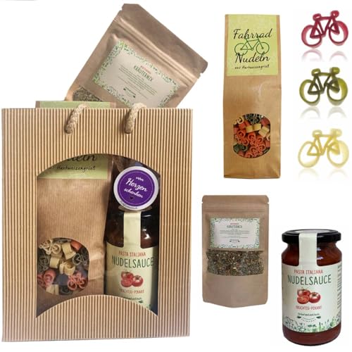 Feinkost Geschenk-Set Fahrrad – Nudeln in Fahrradform 250g, Pasta Sauce 200ml, Mediterrane Gewürze 35g & Fahrrad-Schlüsselanhänger – Originelles Geschenk für Radfahrer in Tragetasche von Firlefantastisch Der Partyshop