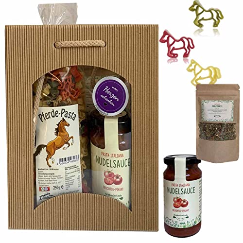 Feinkost-Set Pferde mit Pferde Nudeln, Sauce, Gewürze/Pferde Geschenkset von Firlefantastisch Der Partyshop