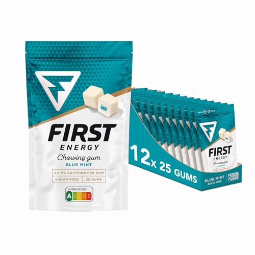 First Energy Koffein-Kaugummi 40mg. Zuckerfreier, schneller Energie-Booster für aktive Menschen. Perfekt für Training, Arbeit, Studium und unterwegs. Frische Minze Box: 12 Beutel, 25 Kaugummis. von First Energy Gum