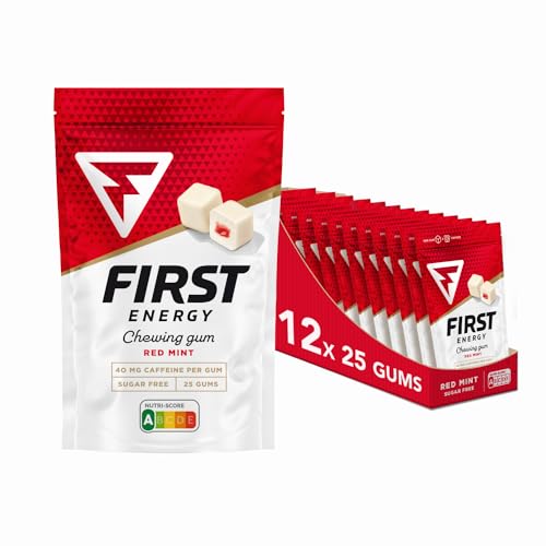 First Energy Koffein-Kaugummi 40mg. Zuckerfreier, schneller Energie-Booster für aktive Menschen. Perfekt für Training, Arbeit, Studium und unterwegs. Süße Minze Box: 12 Beutel, 25 Kaugummis von First Energy Gum