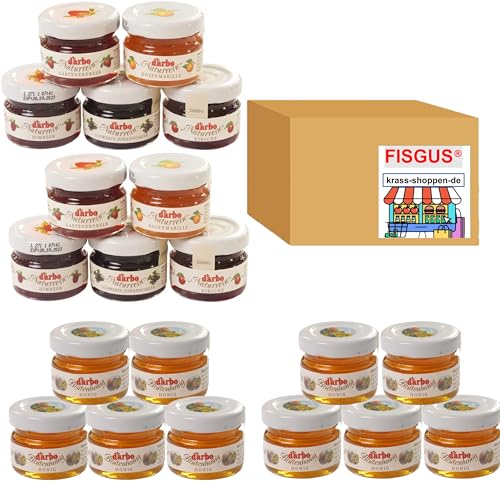 20 Mini Gläser - 10 x Darbo Konfitüre in 5 Sorten - 10 x Darbo Blütenhonig in Mini Gläsern - Ein Bundle von FISGUS® by krass-shoppen-de von FisGus