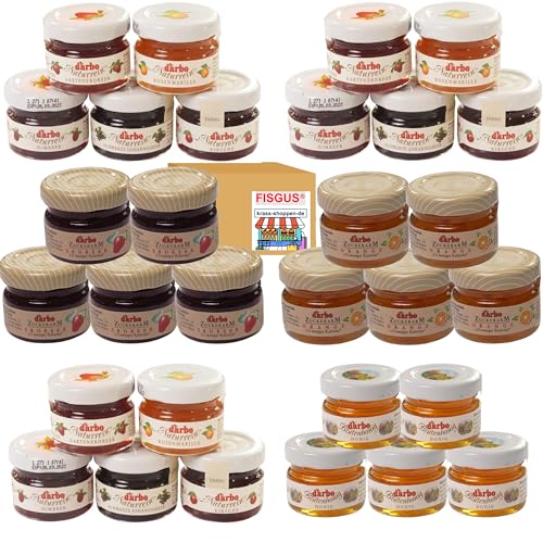 30 Mini Gläser - 15 x Darbo Konfitüre 5 Sorten - 5 x Darbo Blütenhonig - 2 x 5 Darbo Konfitüre zuckerarm 2 Sorten - Ein Bundle von FISGUS® by krass-shoppen-de von FisGus