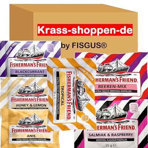 Fisherman's Friend Mix der seltenen Sorten - 5 x BlackCurrant - 5 x Honey & Lemon - 5 x Salmiak-Raspberry - 5 x Anis - 5 x Beeren Mix - 5 x Tropical - Ein Angbeot von krass-shoppen-de by FISGUS® von FisGus