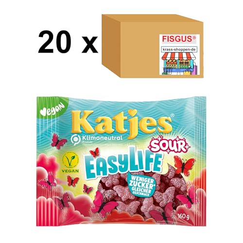 Katjes EasyLife- Sour - Fruchtgummi, weniger Zucker, 20 Packungen à 160 g, vegan - Zusammengestellt von FISGUS® by krass-shoppen-de von FisGus