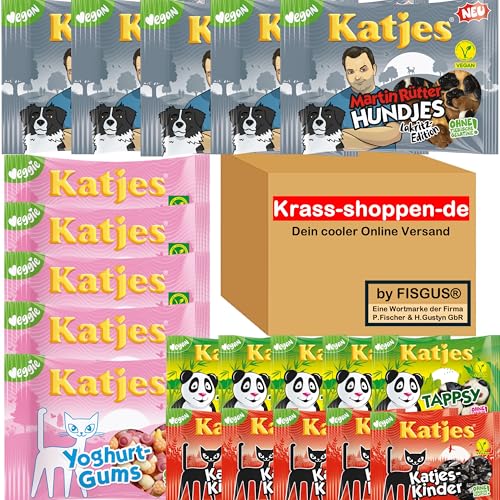 Katjes Vegane Süßigkeiten Geschenkbox, 20 Tüten à 175g, 4 Sorten: 5x Martin Rütter Hundjes, 5x Yoghurt Gums, 5x Tappsy, 5x Katzen Kinder von FisGus