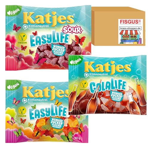 Katjes Veganes Fruchtgummi Probierpaket, Easylife 160g, Colailfe 160g, Easylife Sour - mit weniger Zucker - Zusammengestellt von FISGUS® by krass-shoppen-de von FisGus