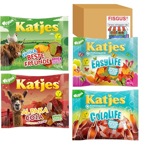 Katjes Veganes Gummibärchen Probierpaket, Easylife 160g, Colalfe 160g, Alpaka Cola 175g, Tierische Freunde 175g - Zusammen gestellt von FISGUS® by krass-shoppen-de von FisGus