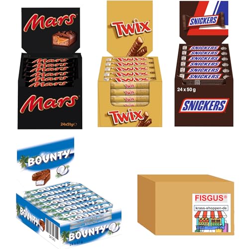 MARS Händler Bundle mit 4 verschiedenen Sorten: 1 x 24x50g Snickers - 1 x 24x51g Mars - 1 x 25x50g Twix - 1 x 24x57g Bounty von FisGus