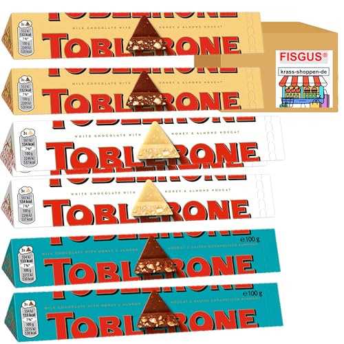 Toblerone Schokolade - 6 x 100g - Classic, Weiß, Mandel Nougat - aus der Schweiz - Zusammengestellt von FISGUS® by krass-shoppen-de von FisGus