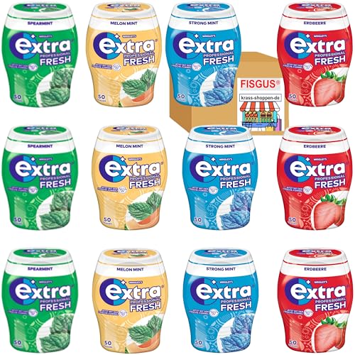 Wrigleys Extra Professional Fresh Kaugummi Dragees - 4 Sorten - Starke Minze, Erdbeere, Melon Minze, Spearmint - 12 Dosen à 70g - Zusammengestellt von FISGUS® by krass-shoppen-de von FisGus