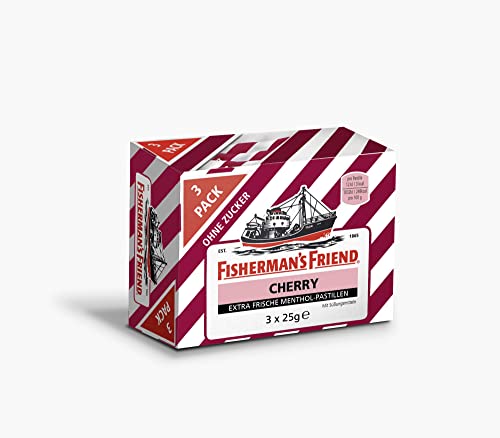 Fisherman's Friend Cherry, 3er Vorratsbox, Kirsche und Menthol Geschmack, zuckerfrei & vegan, Bonbons für frischen Atem, 3 x 25g von Fisherman's Friend