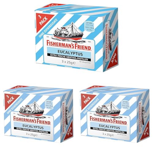 Fisherman's Friend Eucalyptus, 3er Vorratsbox, Eukalyptus und Menthol Geschmack, zuckerfrei & vegan, Bonbons für frischen Atem, 3 x 25g (Packung mit 3) von Fisherman's Friend