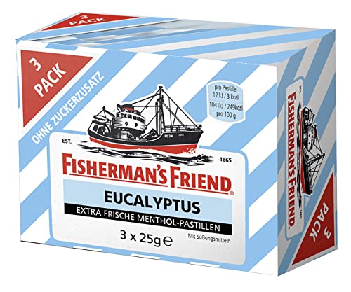 Fisherman's Friend Eucalyptus, 3er Vorratsbox, Eukalyptus und Menthol Geschmack, zuckerfrei & vegan, Bonbons für frischen Atem, 3 x 25g von Fisherman's Friend