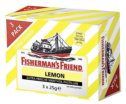 Fisherman's Friend Lemon, 3er Vorratsbox, Zitrone und Menthol Geschmack, zuckerfrei & vegan, Bonbons für frischen Atem, 3 x 25g von Fisherman's Friend