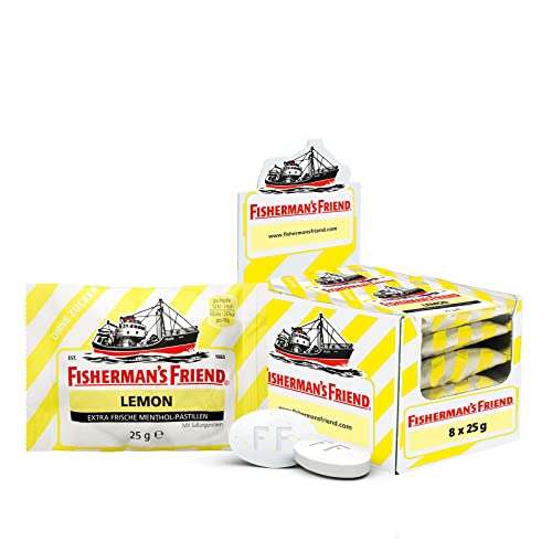 Fisherman’s Friend Lemon, Exklusive 8er Box, Zitrone und Menthol Geschmack, zuckerfrei & vegan, Bonbons für frischen Atem, 8 x 25g von Fisherman's Friend