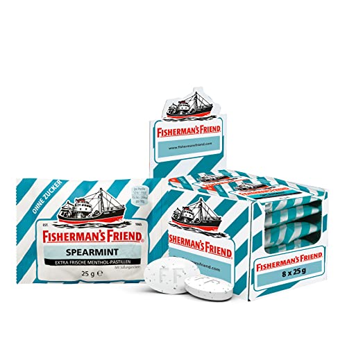 Fisherman’s Friend Spearmint, Exklusive 8er Box, Grünze Minze und Menthol Geschmack, zuckerfrei & vegan, Bonbons für frischen Atem, 8 x 25g von Fisherman's Friend