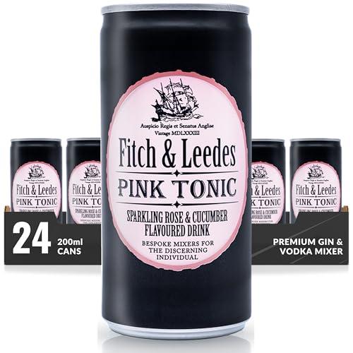 Fitch & Leedes Pink Tonic Water Gurke und Rose (24x200ml) aus Südafrika / Toller Begleiter zum Gin [würzig, spritzig, elegant] (Einweg Dosen Preis incl. 6,00 € / 24 x 0,25€ DPG Einwegpfand) von Fitch & Leedes