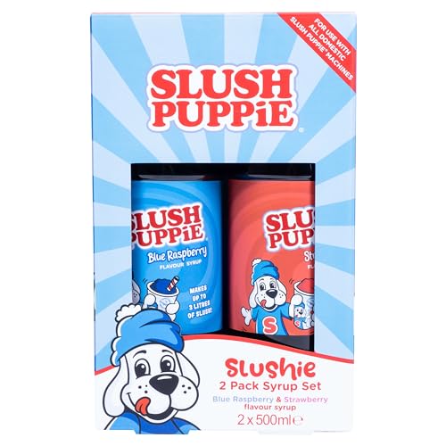 Slush Puppie Sirup 2 Geschmacksrichtungen Enthält kultige Geschmacksrichtungen Blue Raspberry & Strawberry 2 x 500 ml Flaschen Offiziell lizenziertes Slush Puppy Merchandise von Fizz Creations