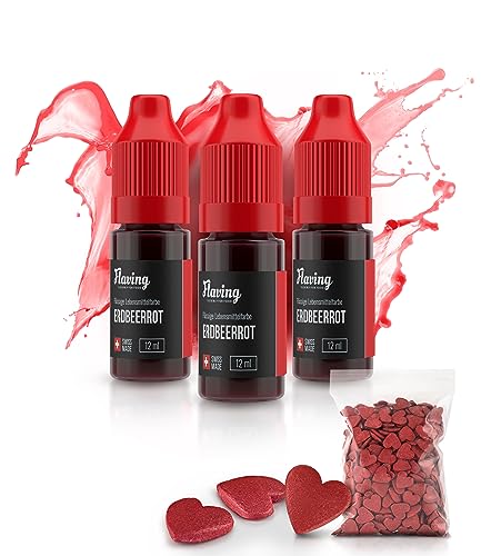 FLAVING® – Lebensmittelfarbe Erbeerrot 3er Set – Made in Schweiz – 3x 12 ml – gratis rote Herzen-Streusel – food coloring – für alle, die gerne backen und basteln von Flaving